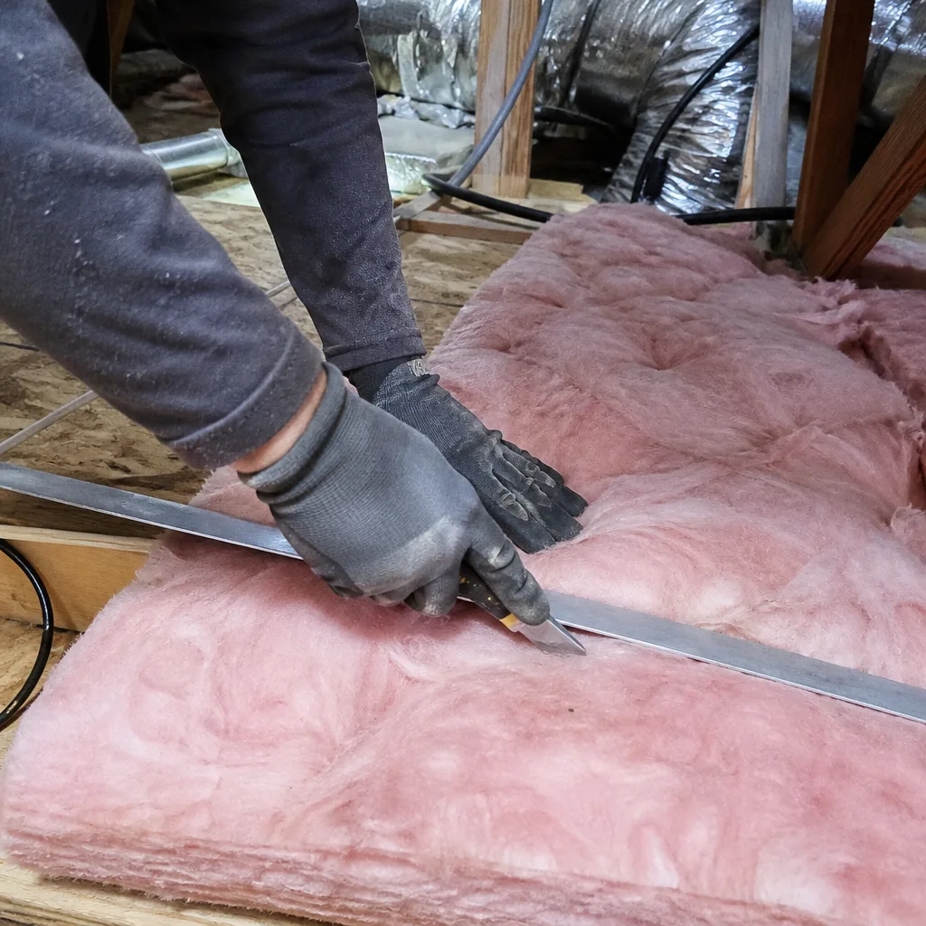 Professional contractor cutting pink fiberglass attic insulation with a utility knife