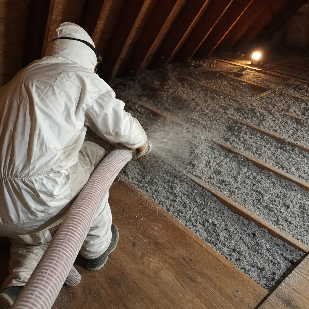 Contractor installing blown-in attic insulation for improved home energy efficiency